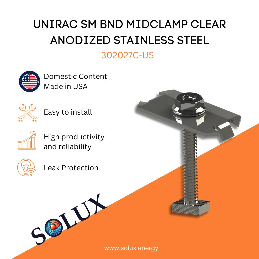 This is an image of Unirac SM Bonding Mid Clamp Clear Anodized Finish Stainless Steel. SKU 302027C-US